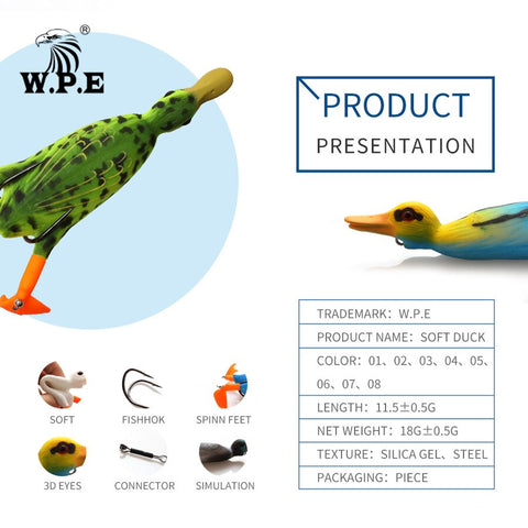 W.P.E Brand 1pcs Soft Lure Fishing Duck 18.5g TopWater Simulation Floating Artificial Bait Plopping and Splashing Feet Frog Lure