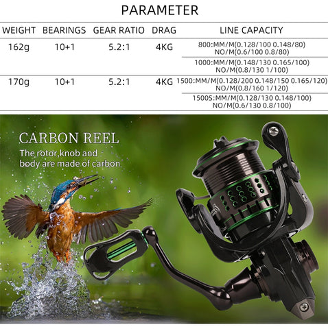 TSURINOYA Ultra-light Spinning Fishing Reel Kingfisher 800 1000 162g Spare Spool 10+1BB Carbon Fiber Body Fishing Lure Reel