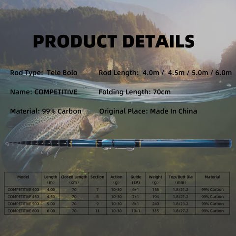 MIFINE COMPETITIVE Telescopic Bolo Fishing Rod 4.0 4.5 5.0 6.0m Travel Highcarbon Spinning Casting float fishing 10-30G pole rod